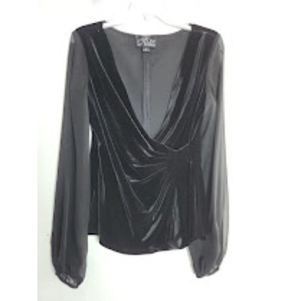 Alex Evenings Women Black Velvet w/Sheer Sleeves Faux Wrap Blouse size Small